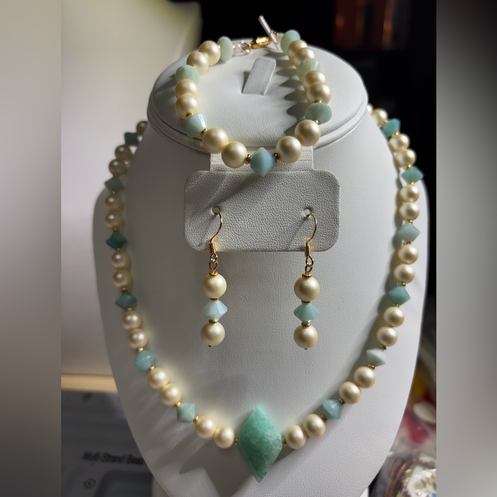 Handmade Unique Pearl and Amazonite Necklace Bracelet and Earring Set
